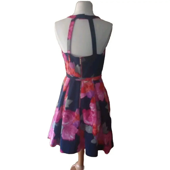 Eliza J Floral Mini Halter Dress Sz 6 Navy Pink Belted Fit In Flare Pockets - Picture 3 of 14